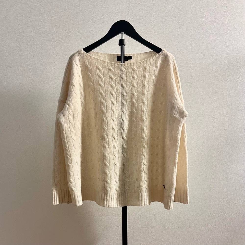 Polo Ralph Lauren Cream Cable Knit Boatneck Merino Wool Cashmere Sweater Size M